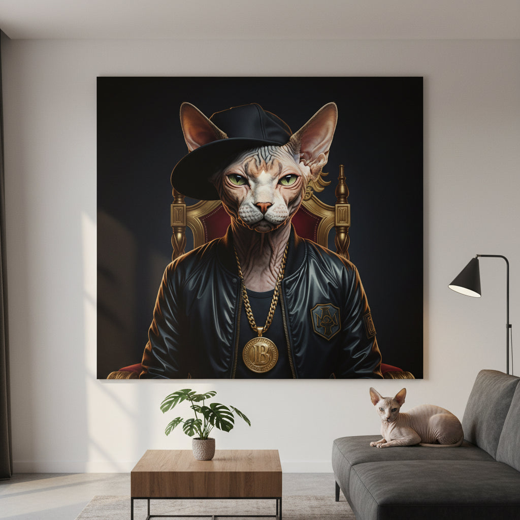 Rapper 95 Canvas room mockup; custom cat portrait canvas from photo in the Rapper 95 style; hairless cat; proof before print.