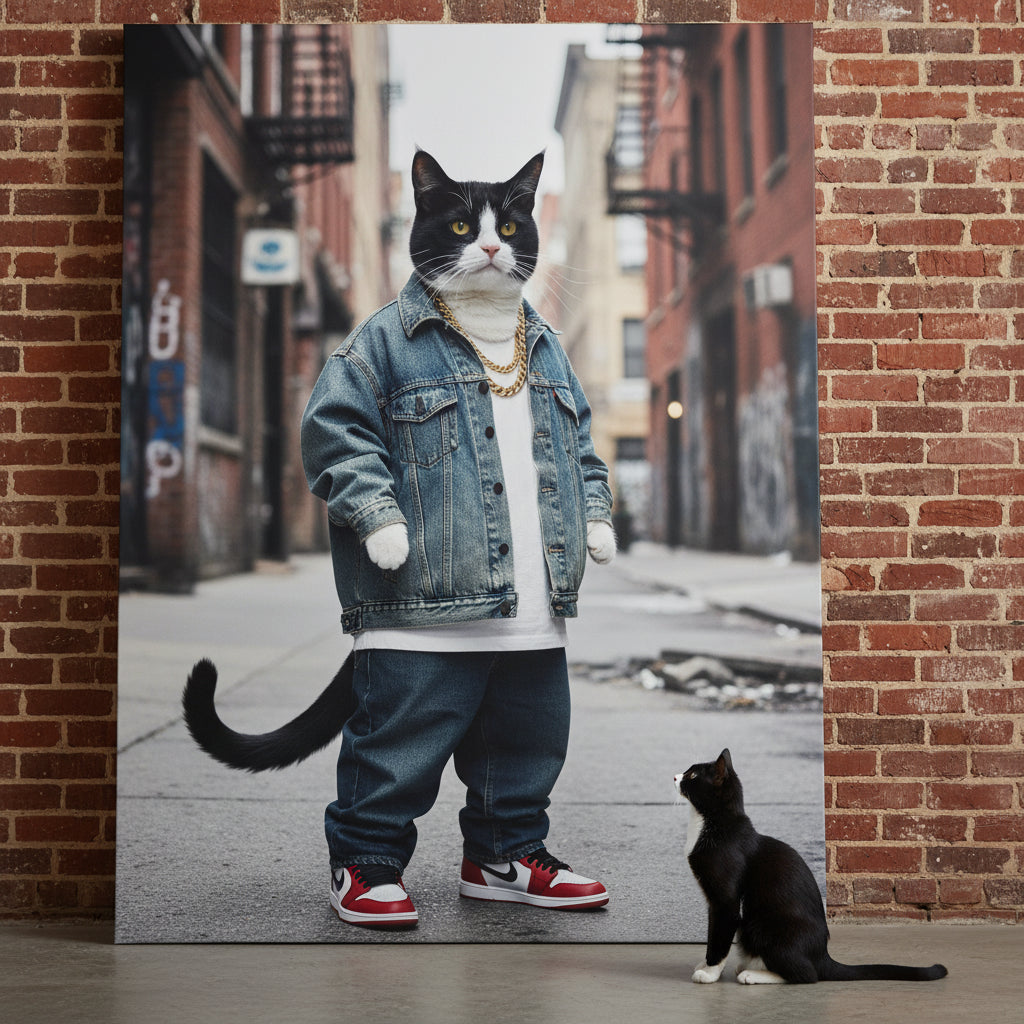 Rapper 95 Canvas room mockup; custom cat portrait canvas from photo in the Rapper 95 style; tuxedo cat; proof before print.