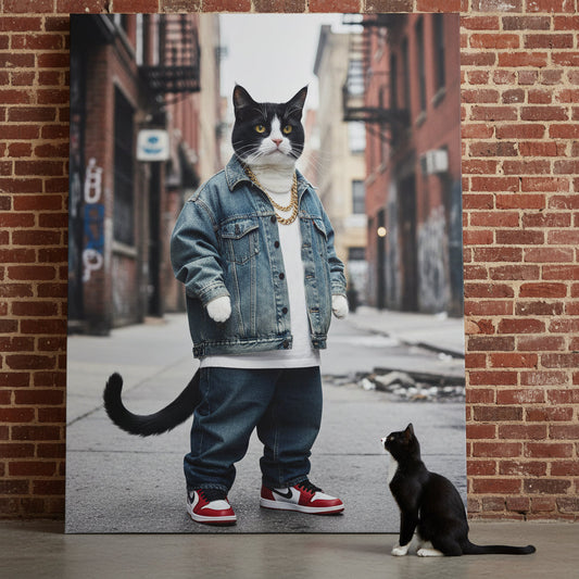 Rapper 95 Canvas room mockup; custom cat portrait canvas from photo in the Rapper 95 style; tuxedo cat; proof before print.