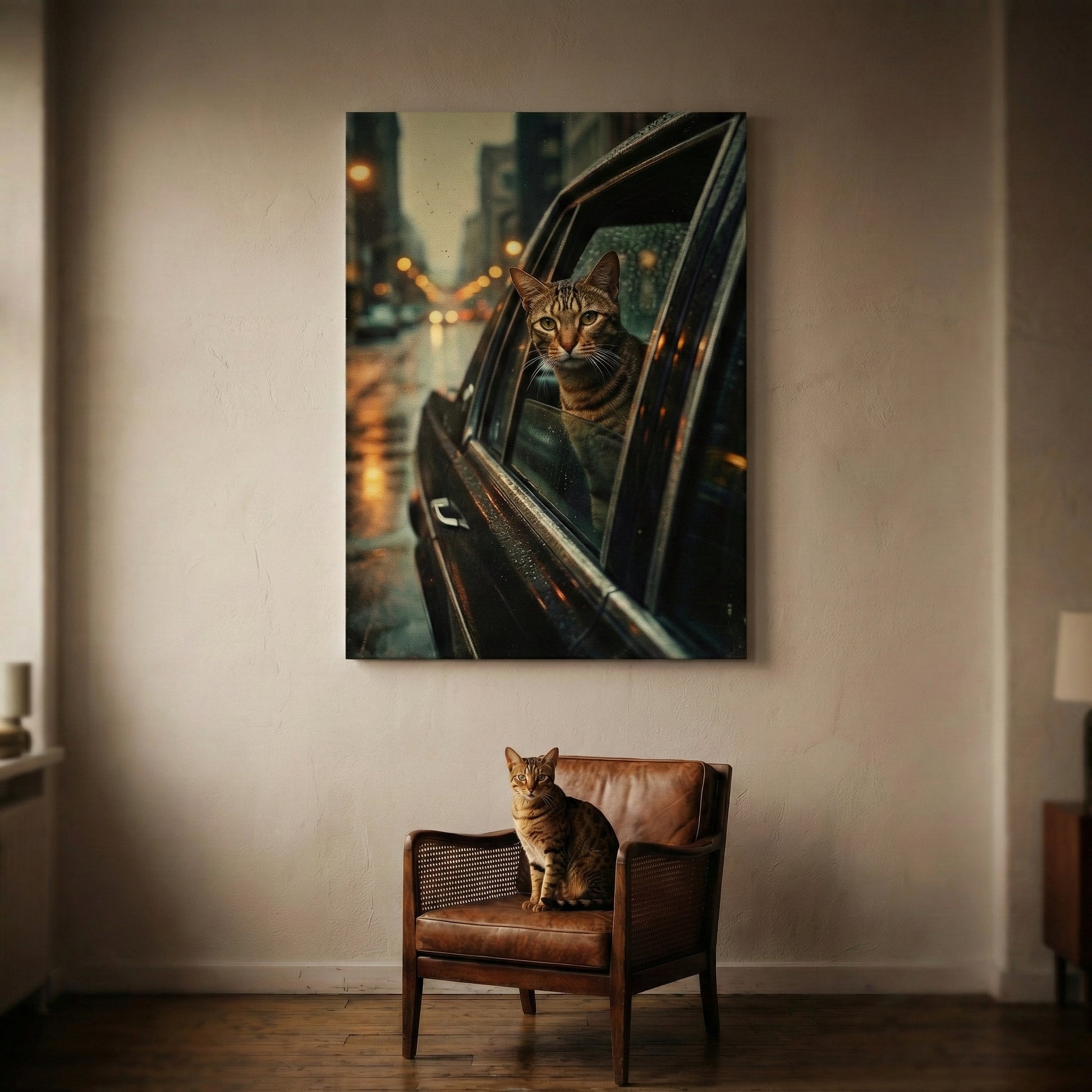 Stakeout Canvas room mockup; custom cat portrait canvas from photo in the Stakeout style; brown cat; proof before print.