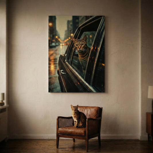 Stakeout Canvas room mockup; custom cat portrait canvas from photo in the Stakeout style; brown cat; proof before print.