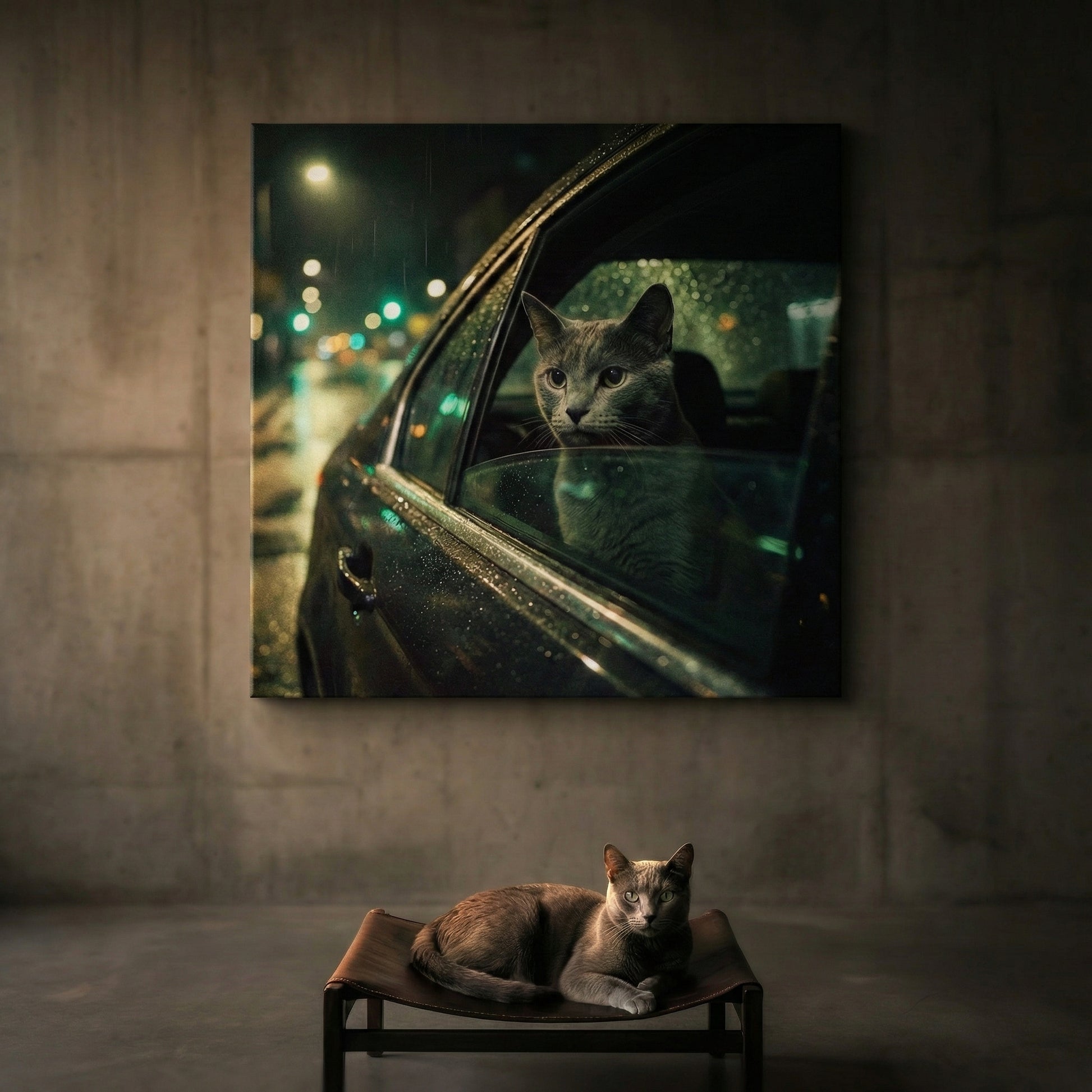 Stakeout Canvas room mockup; custom cat portrait canvas from photo in the Stakeout style; gray cat; proof before print.