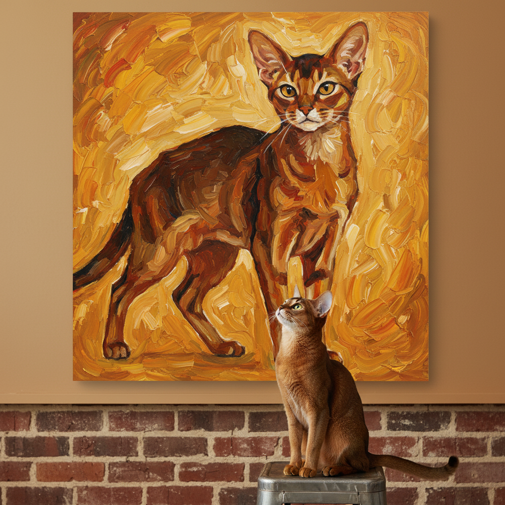 Refracted Canvas room mockup; custom cat portrait canvas from photo in the Refracted style; warm-toned cat; proof before print.
