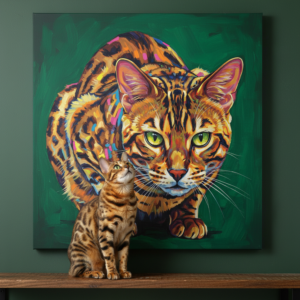 Refracted Canvas room mockup; custom cat portrait canvas from photo in the Refracted style; spotted tabby-like cat; proof before print.