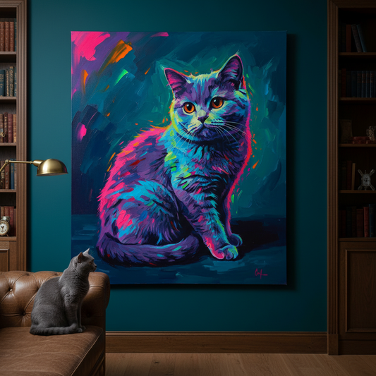 Refracted Canvas room mockup; custom cat portrait canvas from photo in the Refracted style; gray cat; proof before print.