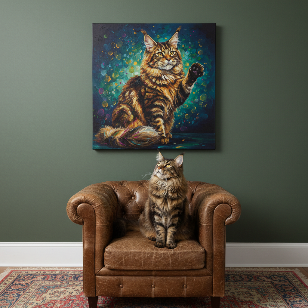 Refracted Canvas room mockup; custom cat portrait canvas from photo in the Refracted style; longhair cat; proof before print.