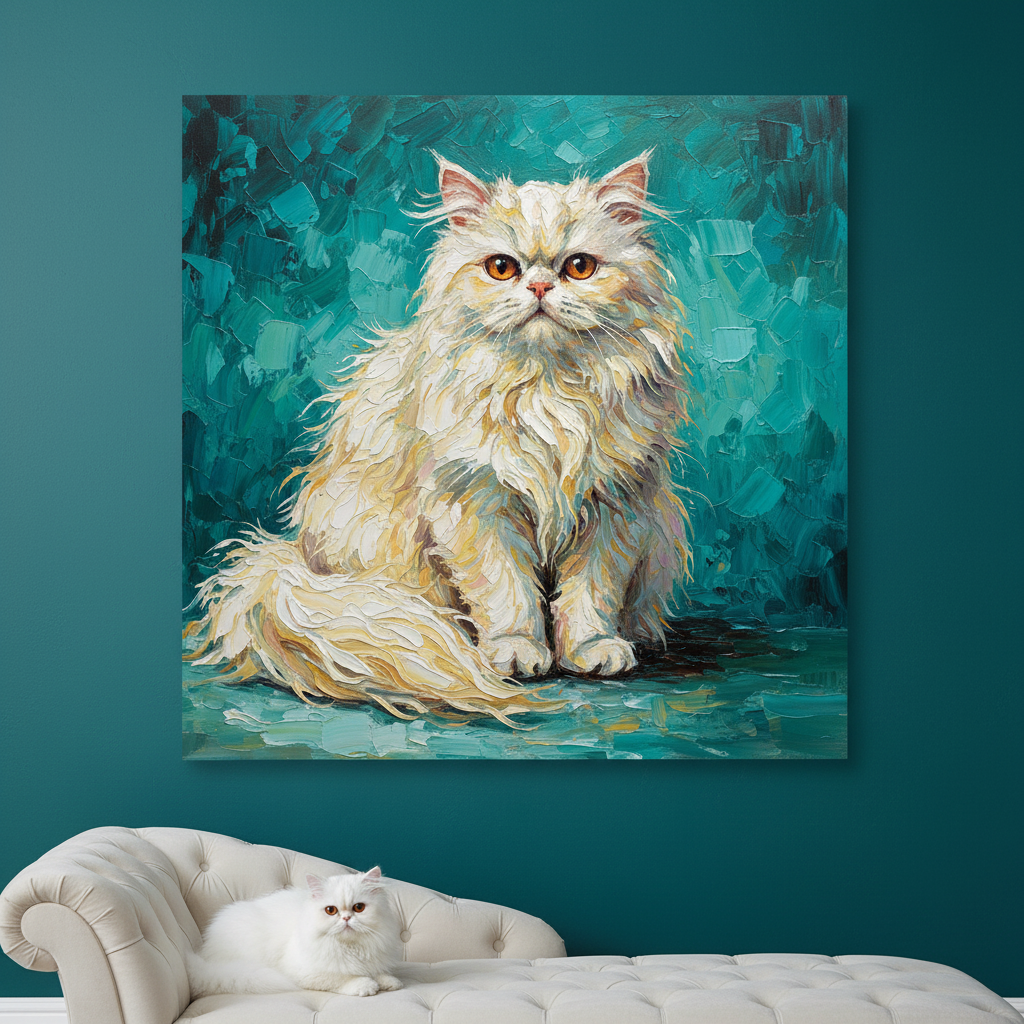 Refracted Canvas room mockup; custom cat portrait canvas from photo in the Refracted style; longhair cat; proof before print.