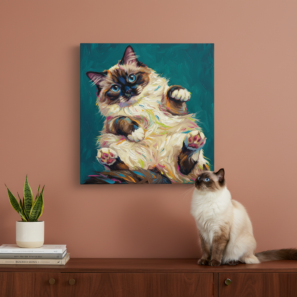Refracted Canvas room mockup; custom cat portrait canvas from photo in the Refracted style; longhair cat; proof before print.