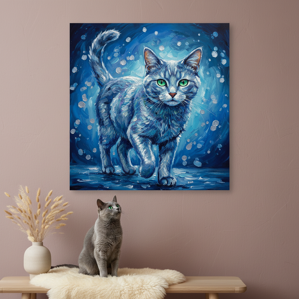 Refracted Canvas room mockup; custom cat portrait canvas from photo in the Refracted style; gray cat; proof before print.