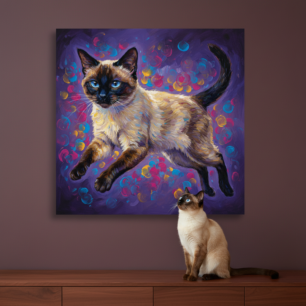 Refracted Canvas room mockup; custom cat portrait canvas from photo in the Refracted style; pointed cat; proof before print.