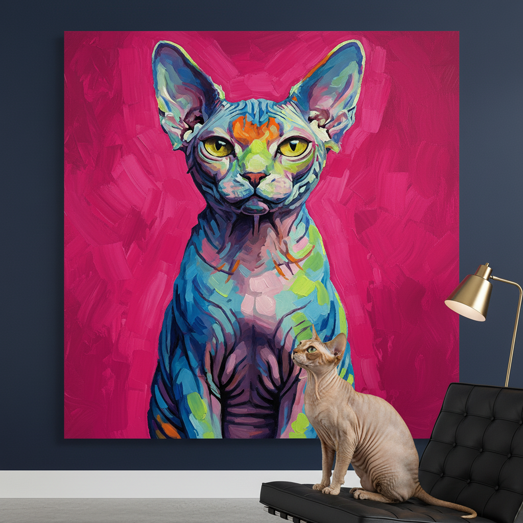 Refracted Canvas room mockup; custom cat portrait canvas from photo in the Refracted style; hairless cat; proof before print.