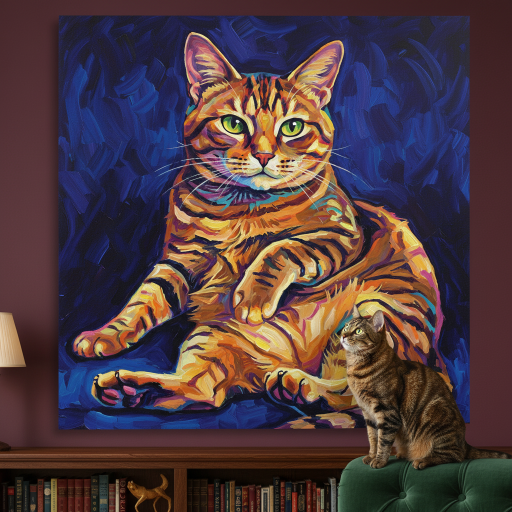 Refracted Canvas room mockup; custom cat portrait canvas from photo in the Refracted style; orange tabby cat; proof before print.