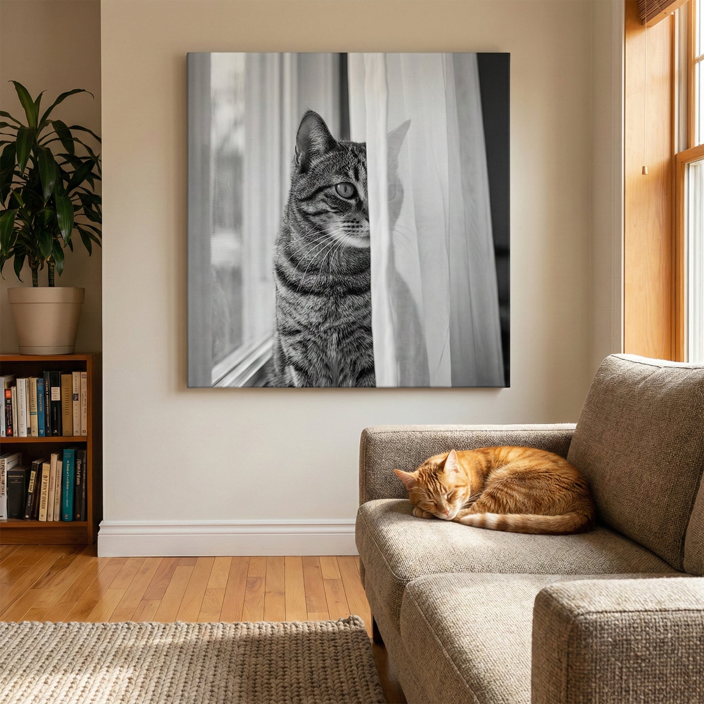 Retro Surveillance Canvas room mockup; custom cat portrait canvas from photo in the Retro Surveillance style; orange tabby cat; proof before print.