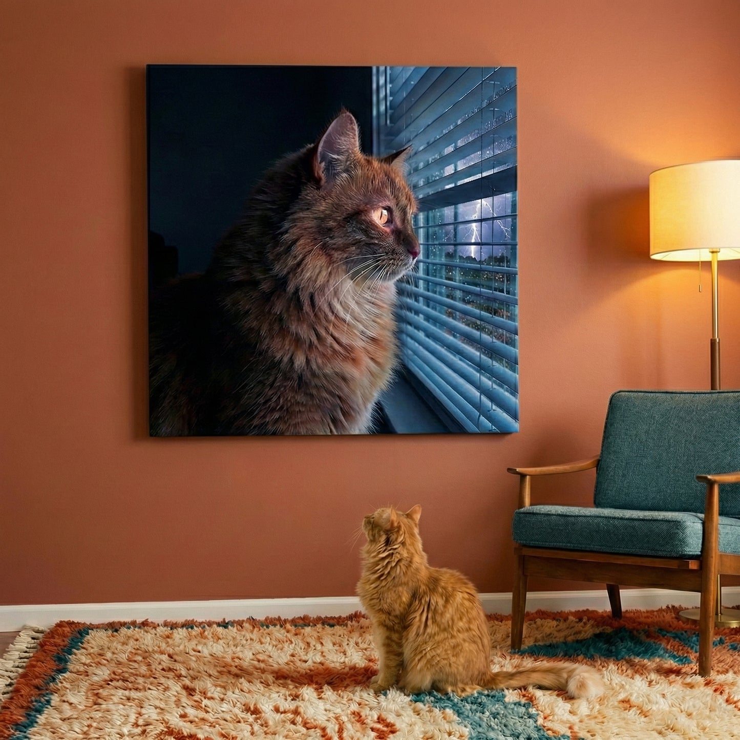 Retro Surveillance Canvas room mockup; custom cat portrait canvas from photo in the Retro Surveillance style; orange tabby cat; proof before print.