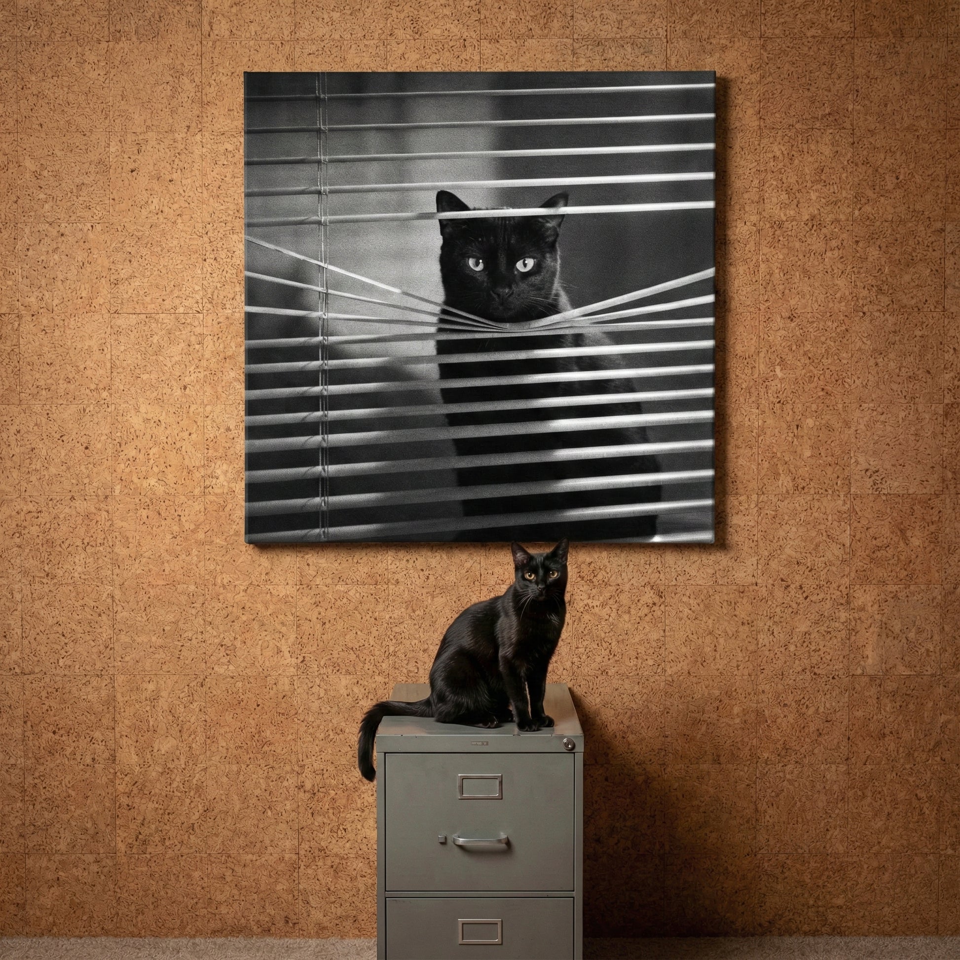 Retro Surveillance Canvas room mockup; custom cat portrait canvas from photo in the Retro Surveillance style; black cat; proof before print.