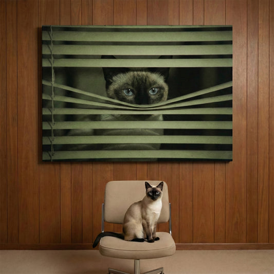 Retro Surveillance Canvas room mockup; custom cat portrait canvas from photo in the Retro Surveillance style; pointed cat; proof before print.