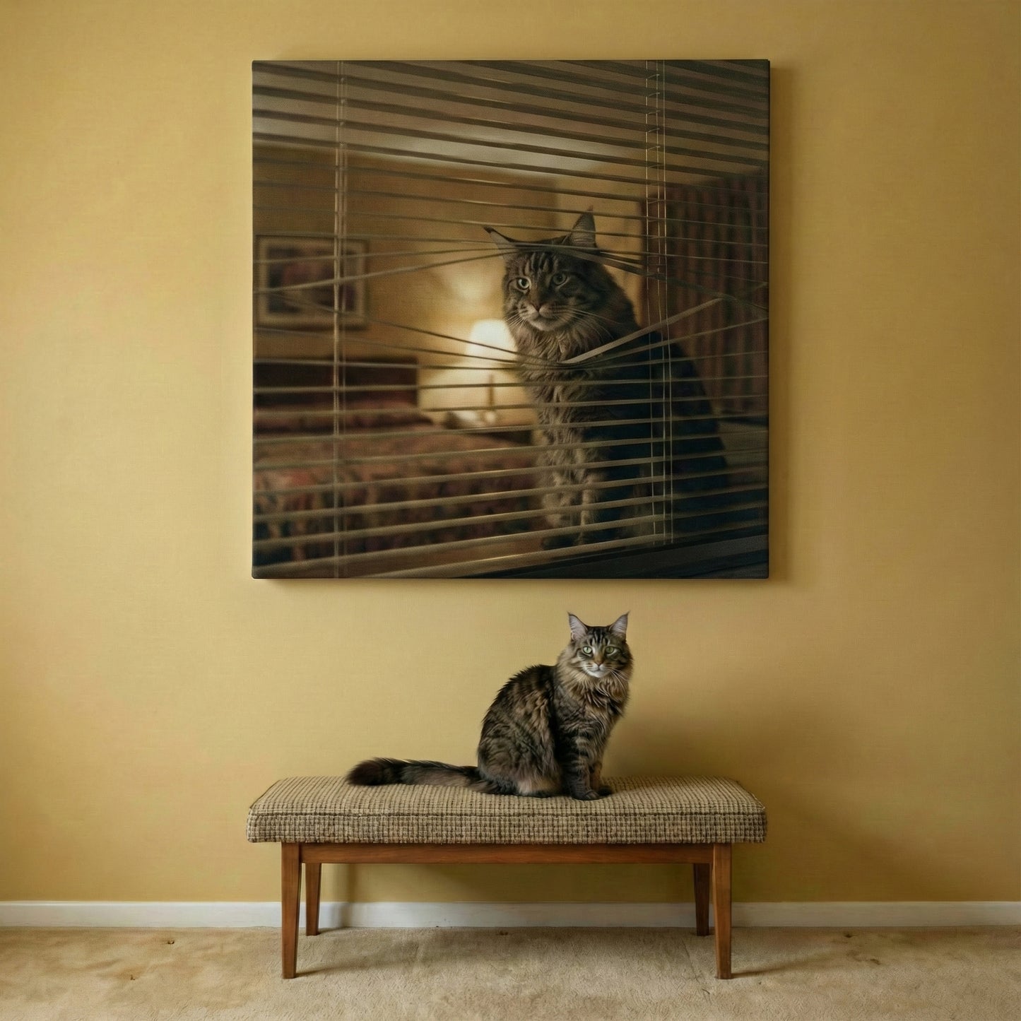 Retro Surveillance Canvas room mockup; custom cat portrait canvas from photo in the Retro Surveillance style; longhair cat; proof before print.