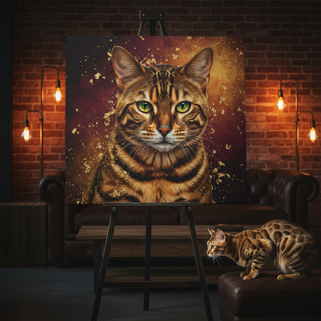 Resin Glitter Canvas room mockup; custom cat portrait canvas from photo in the Resin Glitter style; spotted tabby-like cat; proof before print.