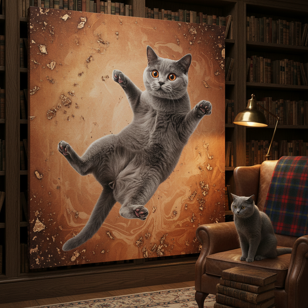 Resin Glitter Canvas room mockup; custom cat portrait canvas from photo in the Resin Glitter style; gray cat; proof before print.