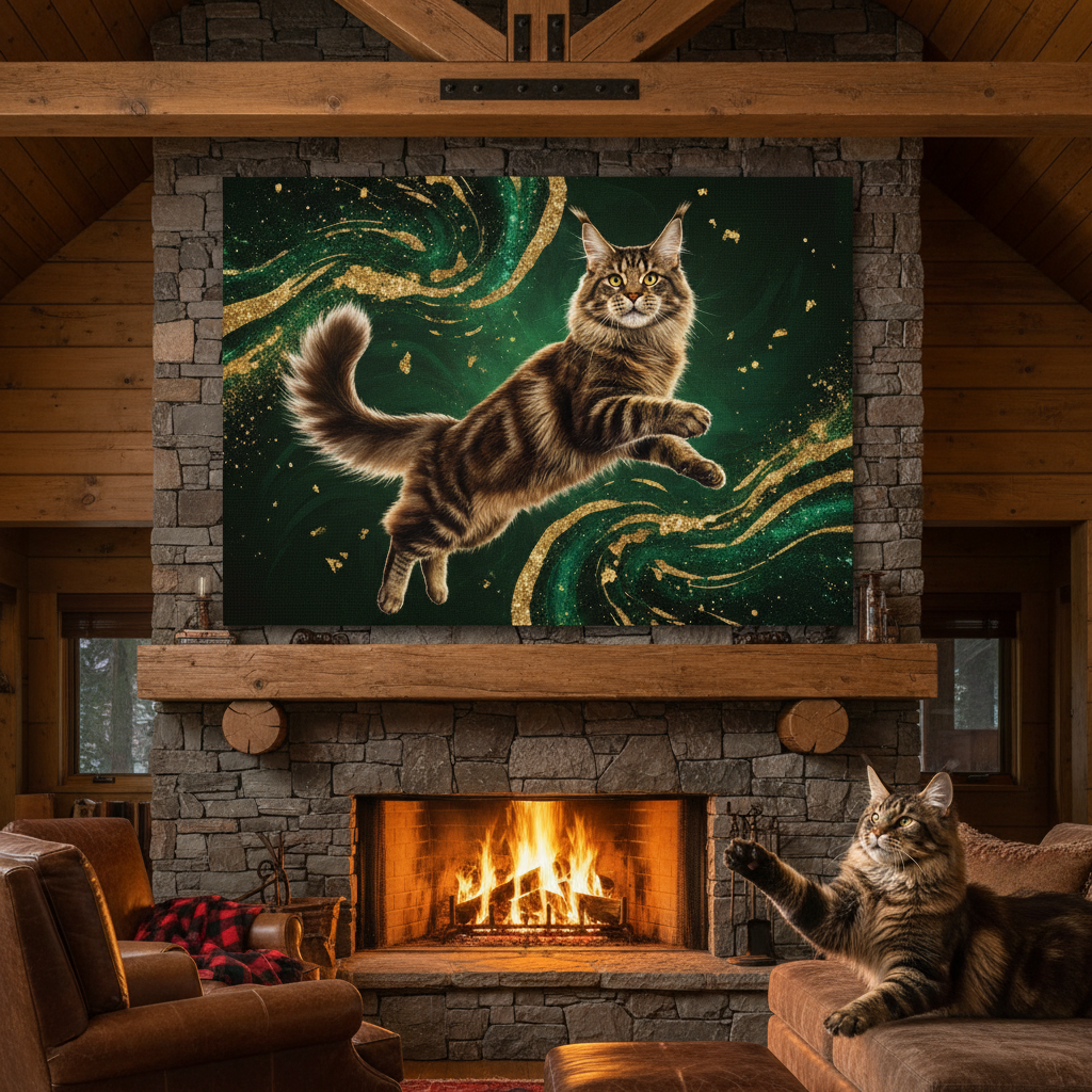 Resin Glitter Canvas room mockup; custom cat portrait canvas from photo in the Resin Glitter style; longhair cat; proof before print.