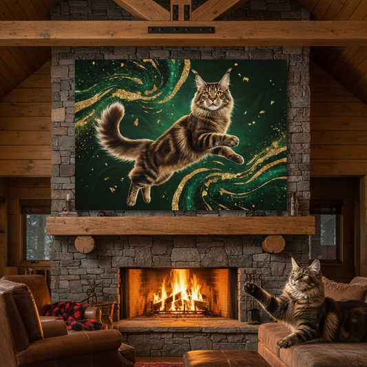 Resin Glitter Canvas room mockup; custom cat portrait canvas from photo in the Resin Glitter style; longhair cat; proof before print.