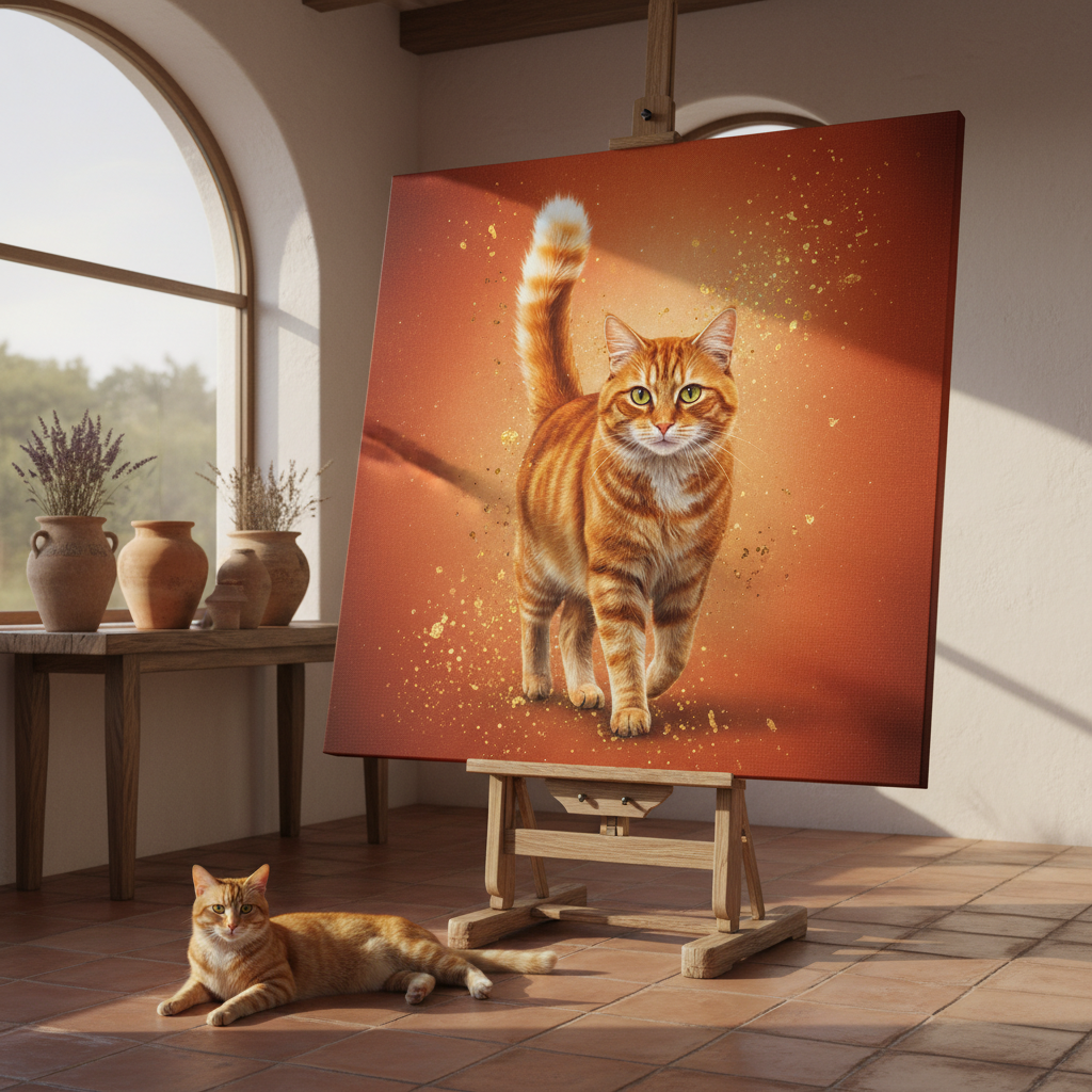 Resin Glitter Canvas room mockup; custom cat portrait canvas from photo in the Resin Glitter style; broadcast-themed; orange tabby cat; proof before print.