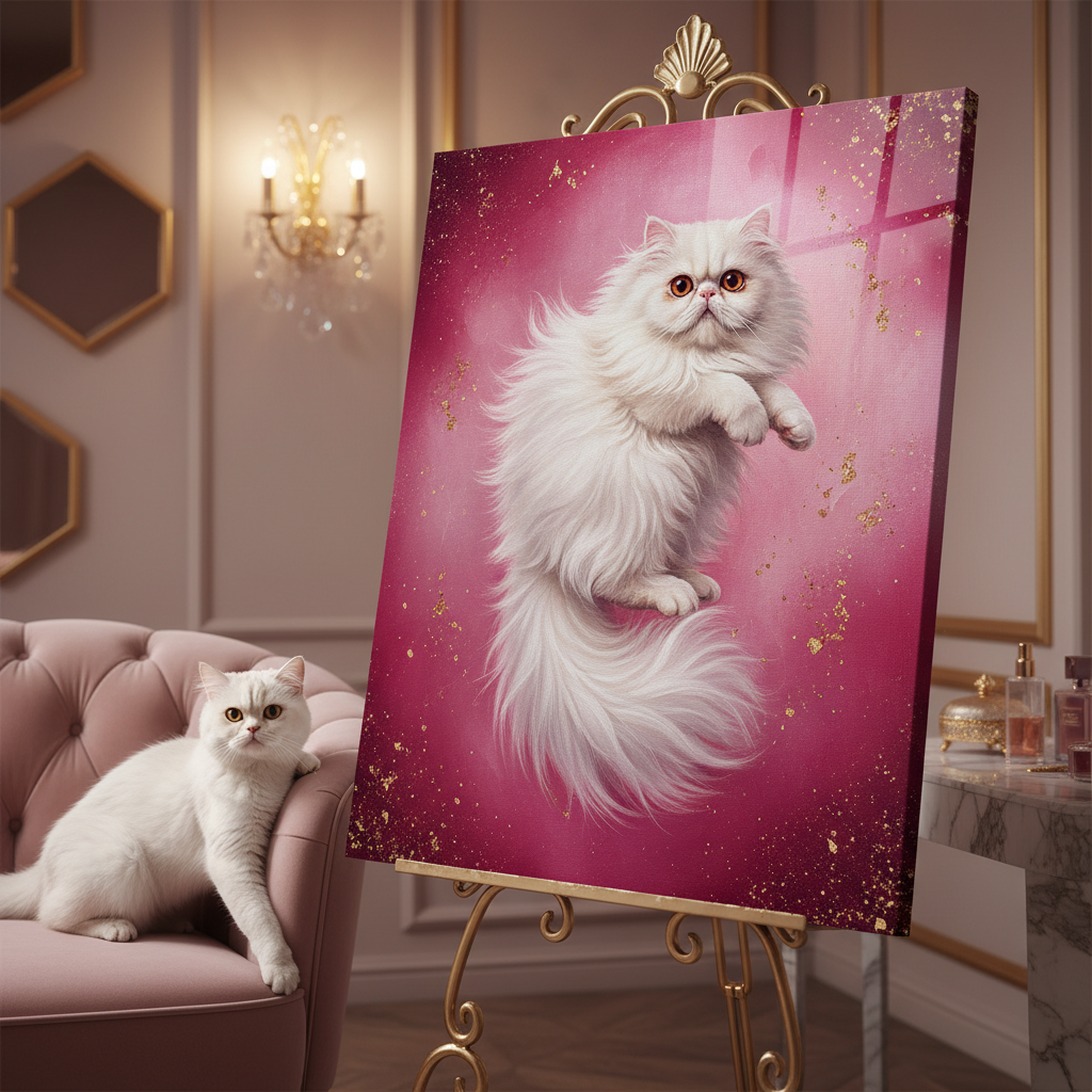 Resin Glitter Canvas room mockup; custom cat portrait canvas from photo in the Resin Glitter style; longhair cat; proof before print.