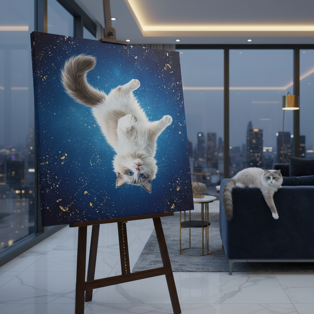 Resin Glitter Canvas room mockup; custom cat portrait canvas from photo in the Resin Glitter style; longhair cat; proof before print.