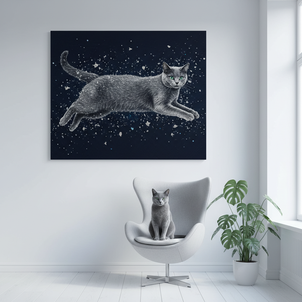 Resin Glitter Canvas room mockup; custom cat portrait canvas from photo in the Resin Glitter style; gray cat; proof before print.