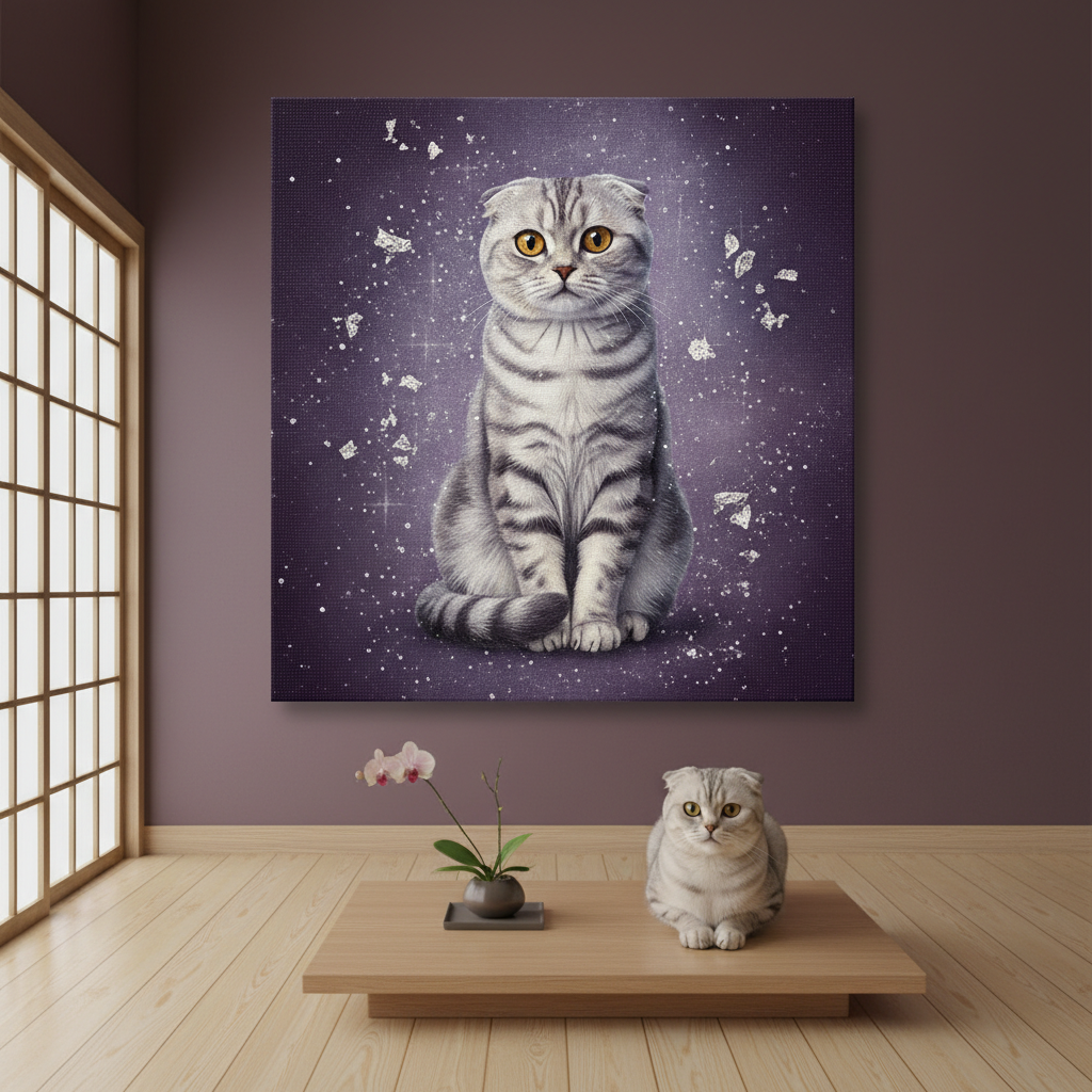 Resin Glitter Canvas room mockup; custom cat portrait canvas from photo in the Resin Glitter style; gray cat; proof before print.