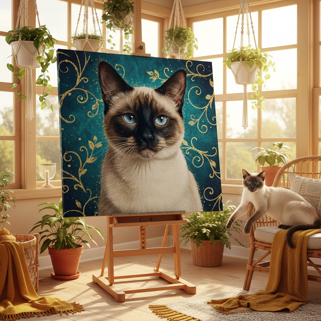 Resin Glitter Canvas room mockup; custom cat portrait canvas from photo in the Resin Glitter style; pointed cat; proof before print.