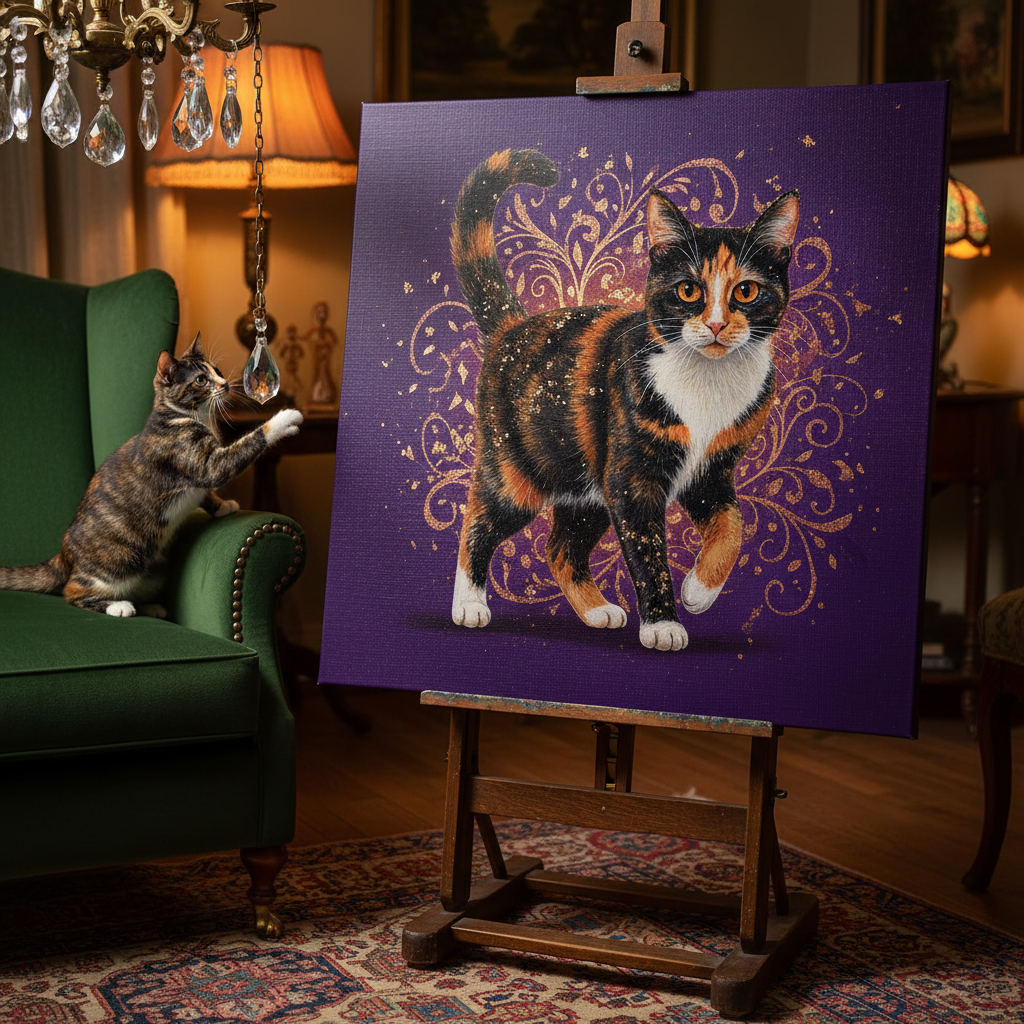 Resin Glitter Canvas room mockup; custom cat portrait canvas from photo in the Resin Glitter style; calico cat; proof before print.