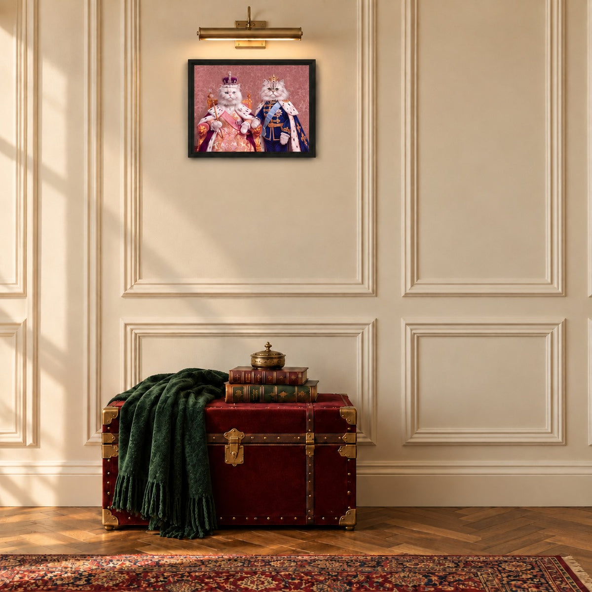 Royal Queen cat portrait canvas, 2 cats, 16" x 12", Black frame, in a room at true size