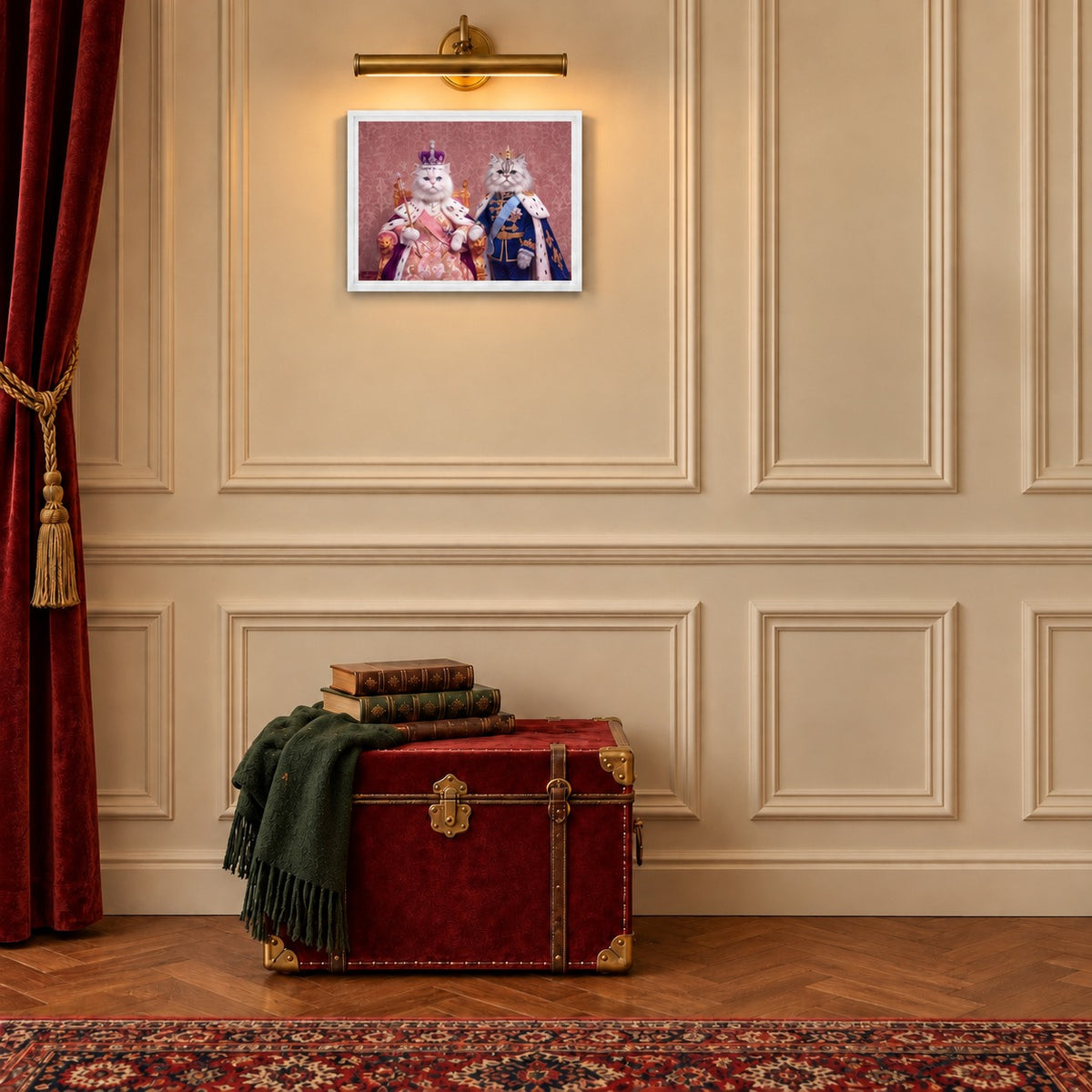 Royal Queen cat portrait canvas, 2 cats, 16" x 12", White frame, in a room at true size