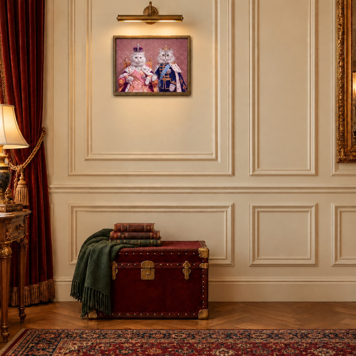 Royal Queen cat portrait canvas, 2 cats, 16" x 12", Brown frame, in a room at true size