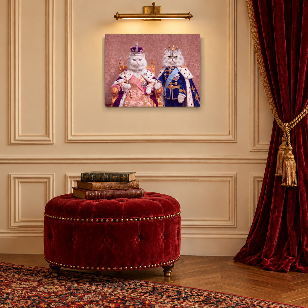 Royal Queen cat portrait canvas, 2 cats, 16" x 12", Unframed, in a room at true size