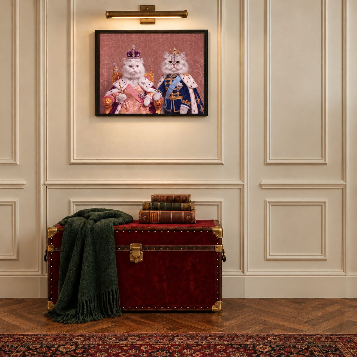 Royal Queen cat portrait canvas, 2 cats, 24" x 18", Black frame, in a room at true size