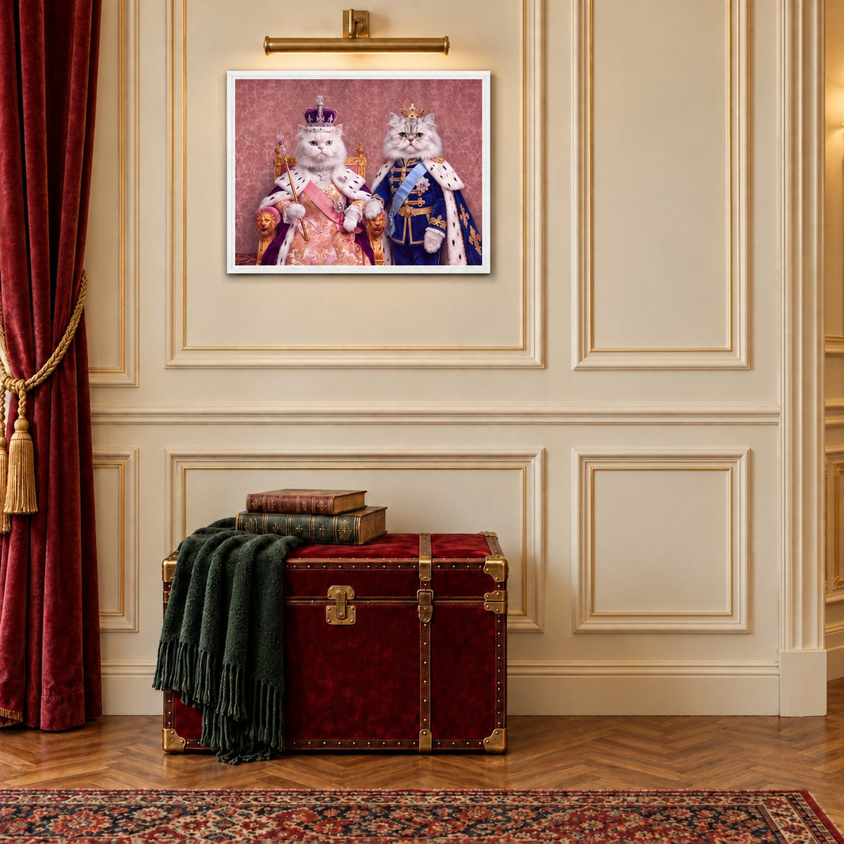 Royal Queen cat portrait canvas, 2 cats, 24" x 18", White frame, in a room at true size