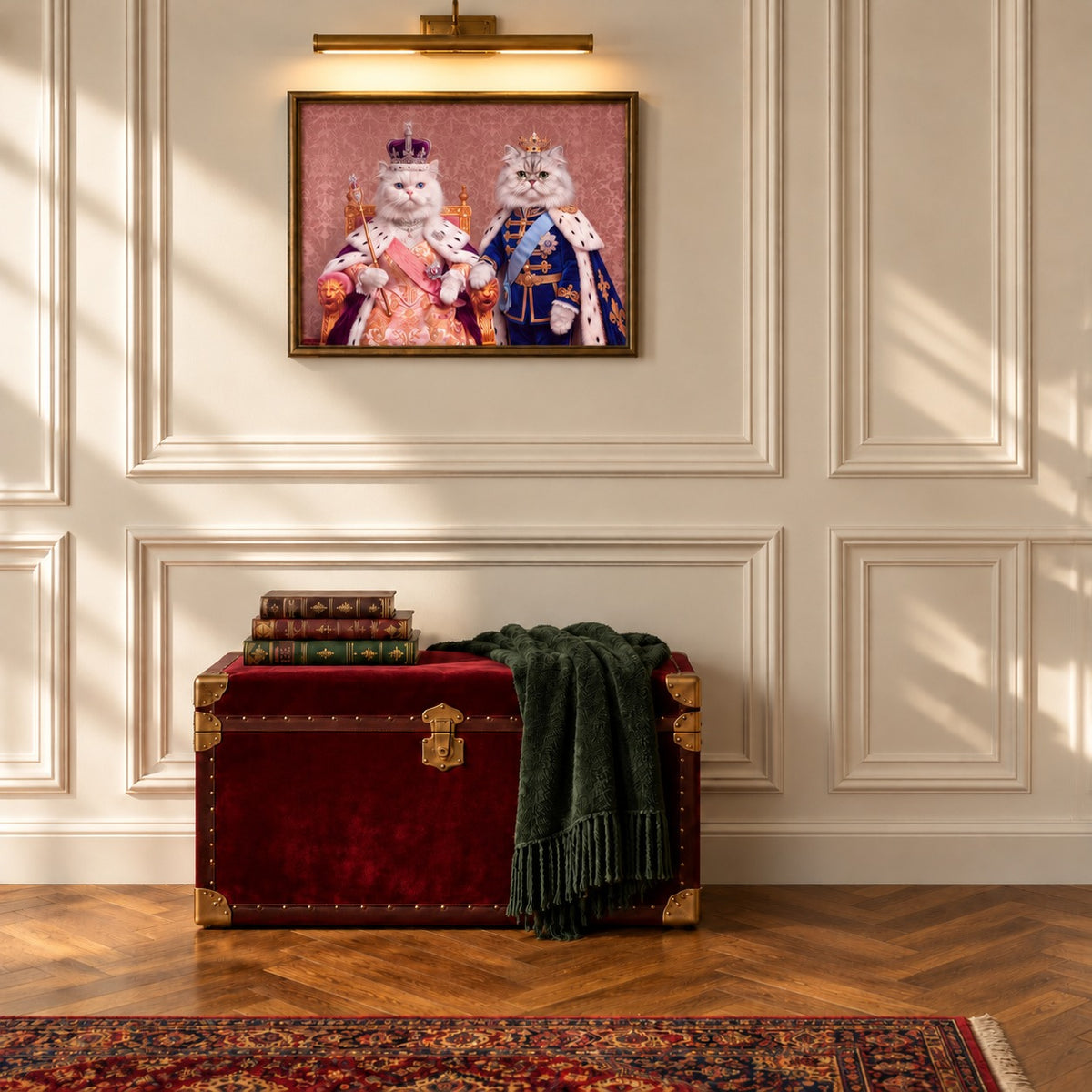 Royal Queen cat portrait canvas, 2 cats, 24" x 18", Brown frame, in a room at true size