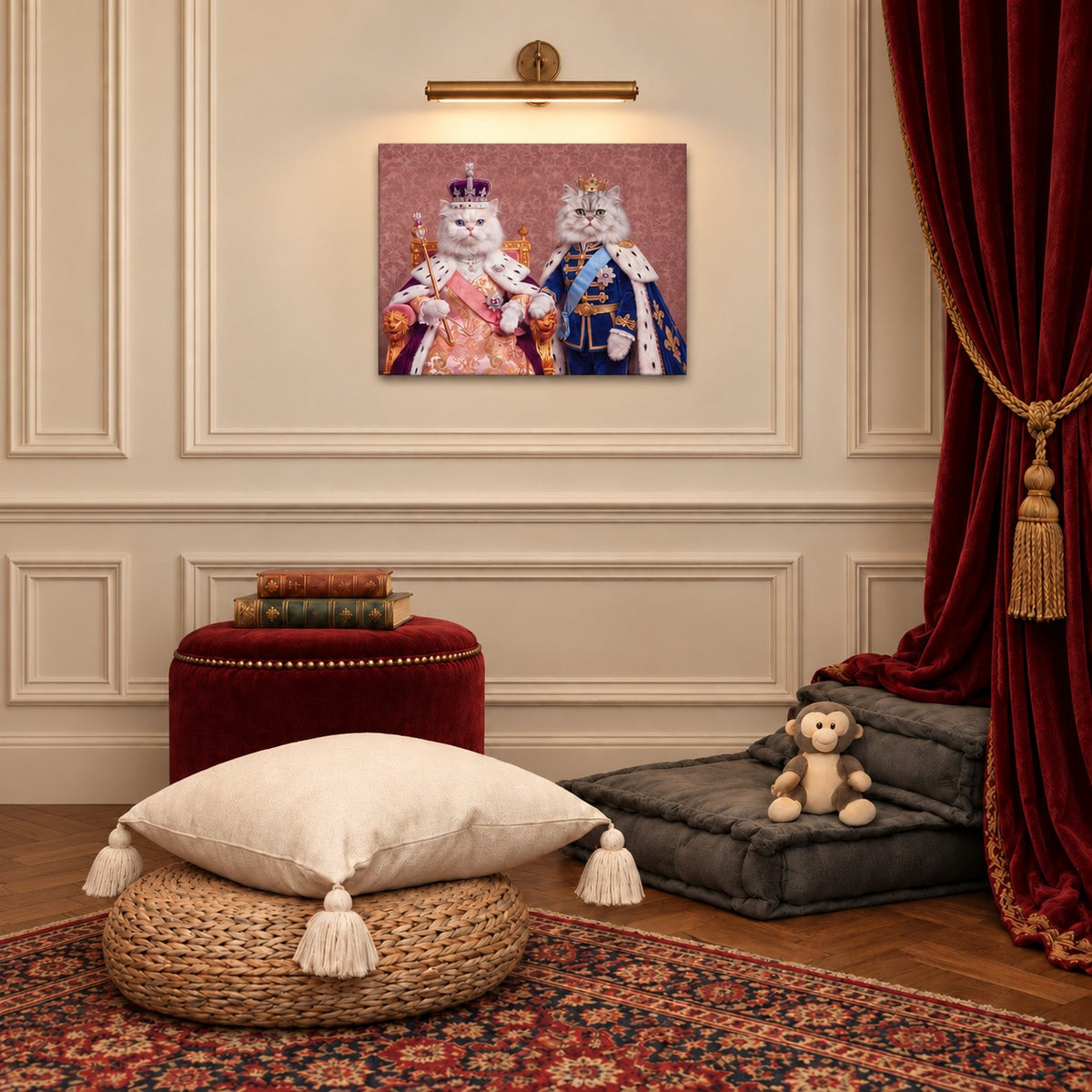 Royal Queen cat portrait canvas, 2 cats, 24" x 18", Unframed, in a room at true size