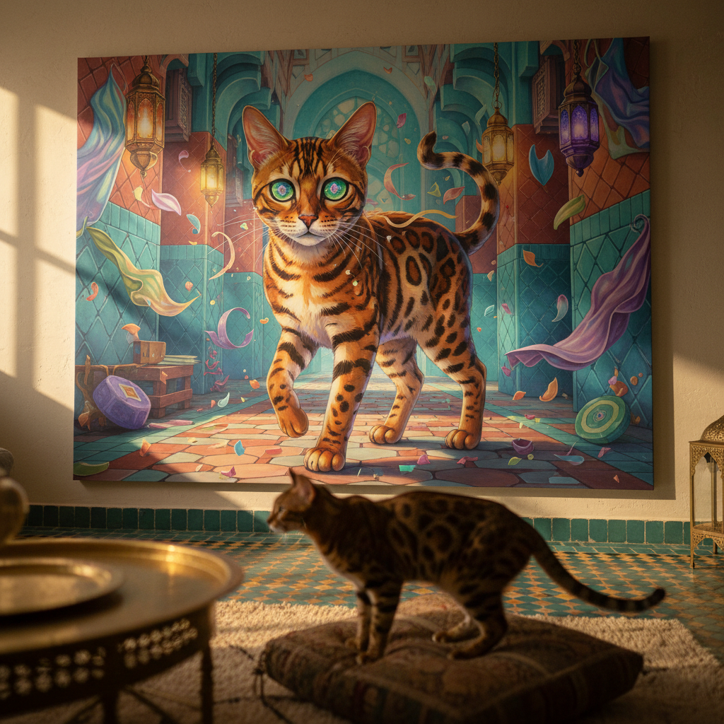Surreal Town Canvas room mockup; custom cat portrait canvas from photo in the Surreal Town style; spotted tabby-like cat; proof before print.