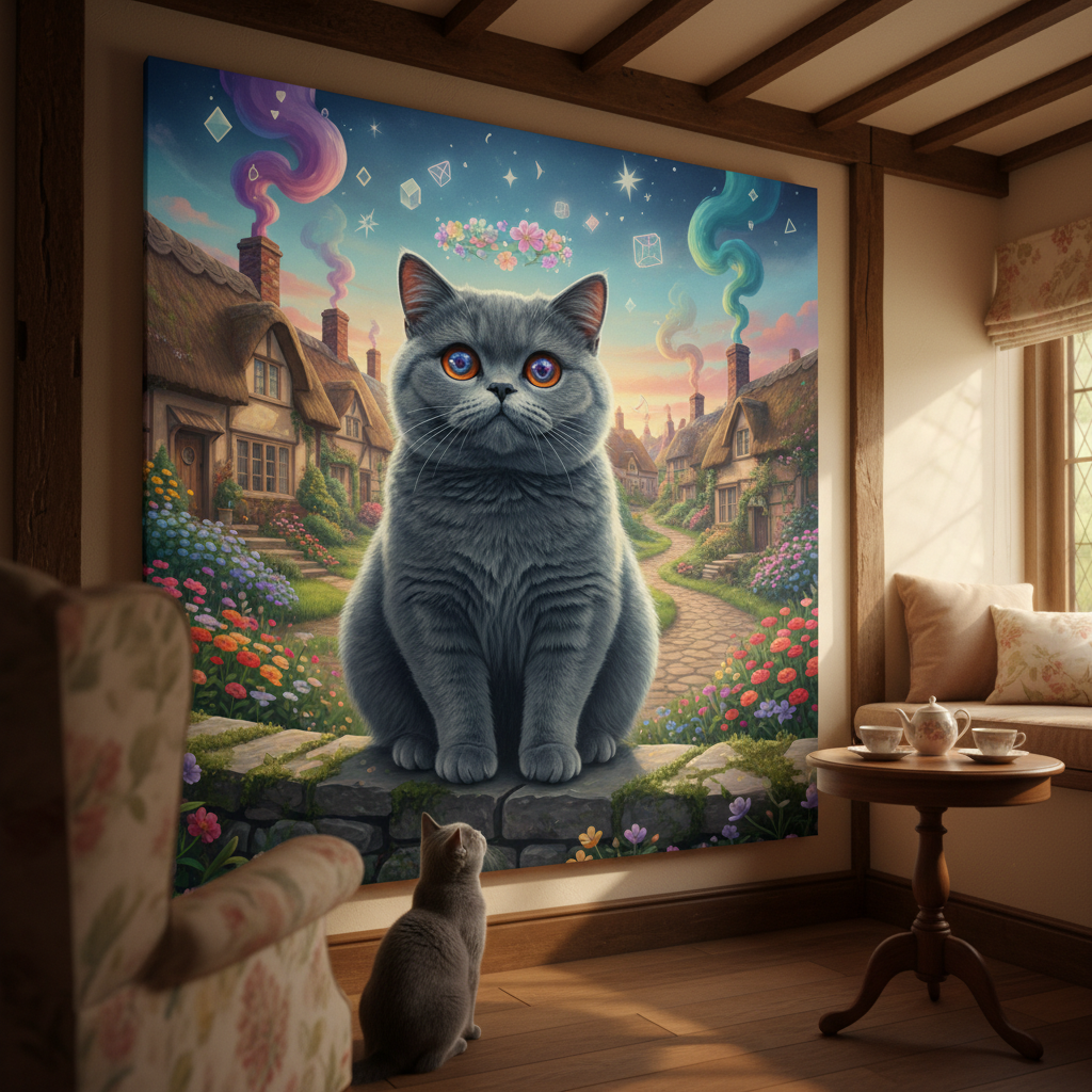 Surreal Town Canvas room mockup; custom cat portrait canvas from photo in the Surreal Town style; gray cat; proof before print.