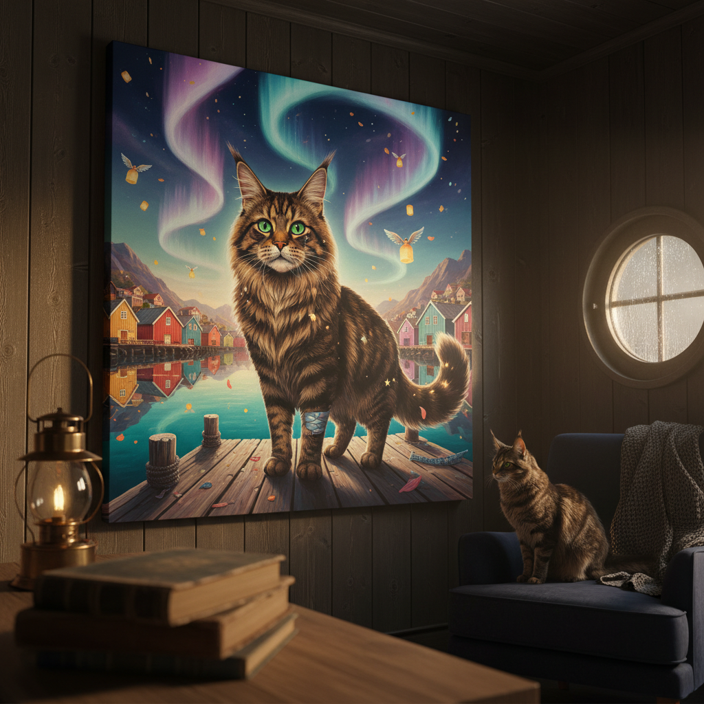 Surreal Town Canvas room mockup; custom cat portrait canvas from photo in the Surreal Town style; longhair cat; proof before print.