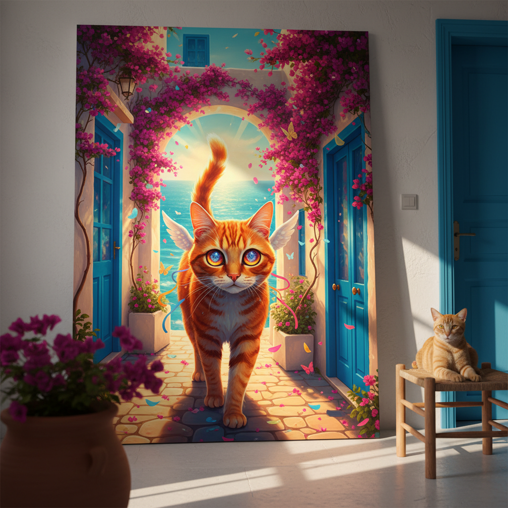Surreal Town Canvas room mockup; custom cat portrait canvas from photo in the Surreal Town style; orange tabby cat; proof before print.