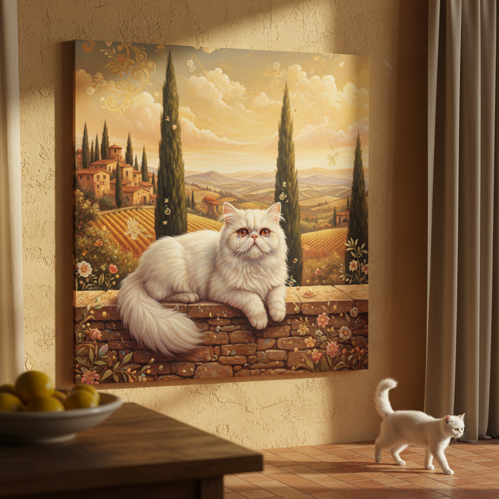 Surreal Town Canvas room mockup; custom cat portrait canvas from photo in the Surreal Town style; longhair cat; proof before print.