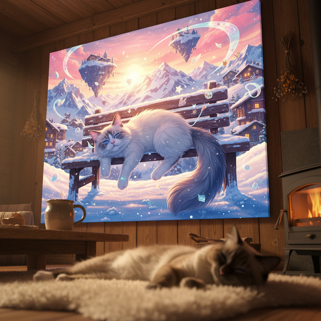 Surreal Town Canvas room mockup; custom cat portrait canvas from photo in the Surreal Town style; longhair cat; proof before print.