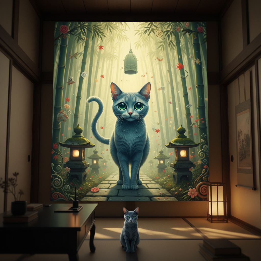 Surreal Town Canvas room mockup; custom cat portrait canvas from photo in the Surreal Town style; nature-themed; gray cat; proof before print.