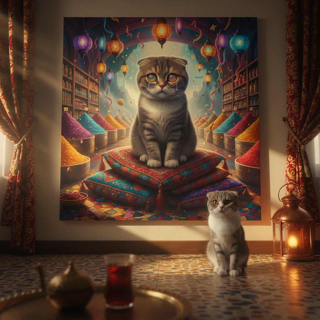 Surreal Town Canvas room mockup; custom cat portrait canvas from photo in the Surreal Town style; gray cat; proof before print.