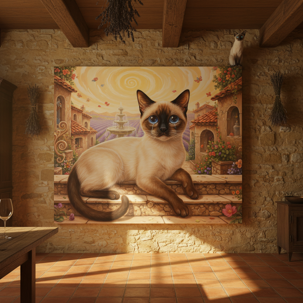 Surreal Town Canvas room mockup; custom cat portrait canvas from photo in the Surreal Town style; pointed cat; proof before print.