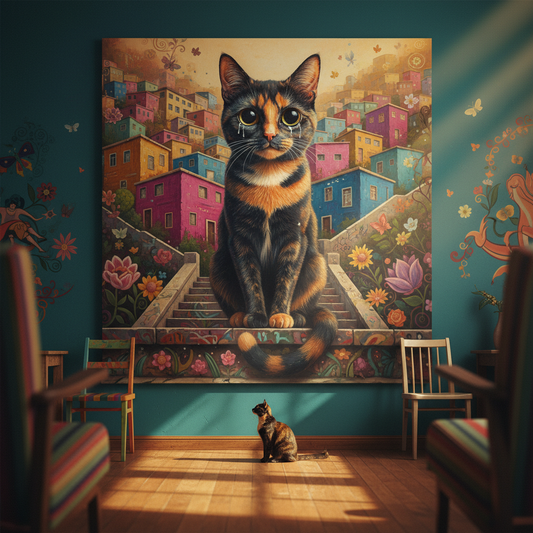 Surreal Town Canvas room mockup; custom cat portrait canvas from photo in the Surreal Town style; calico cat; proof before print.